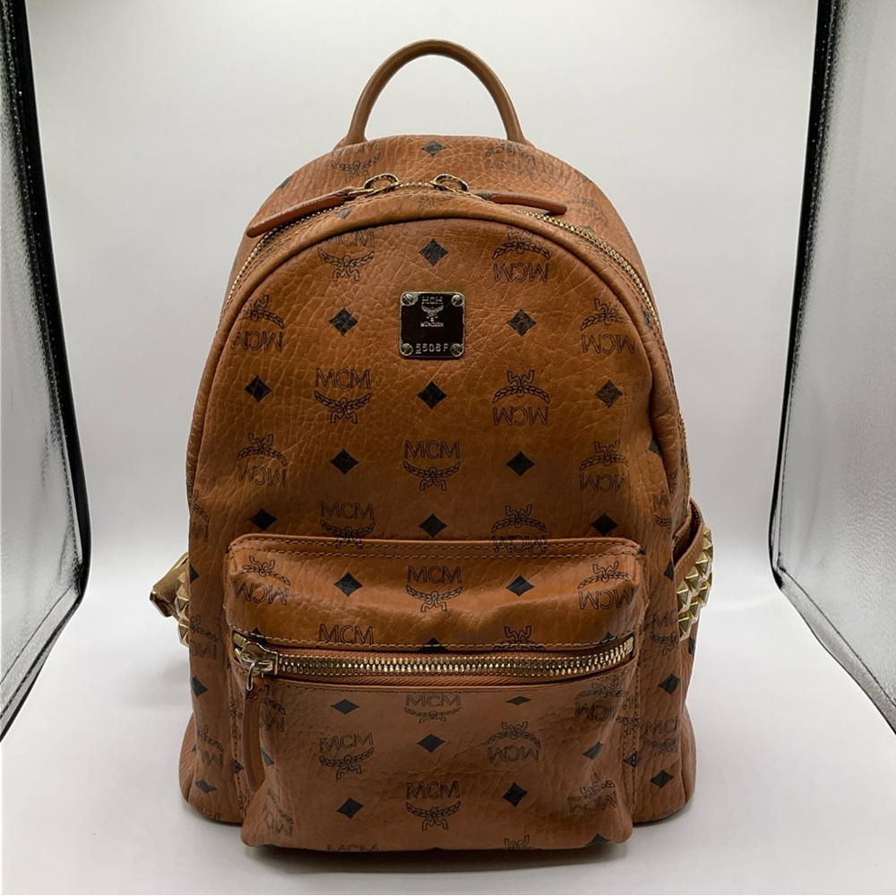 MCM Visetos Brown Cognac Monogram Gold Studded Leather Backpack - Picture 1 of 15